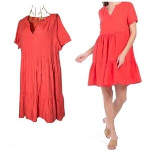 Francesca Bettini Linen Tiered Coral Babydoll Dress w/ V-Neck & Short Sleeves, M